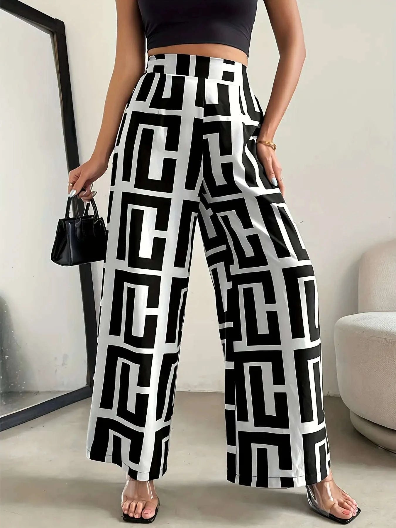 Bohemian Wide Leg Pants with Elastic Waist and Checkered Print-Black / XS