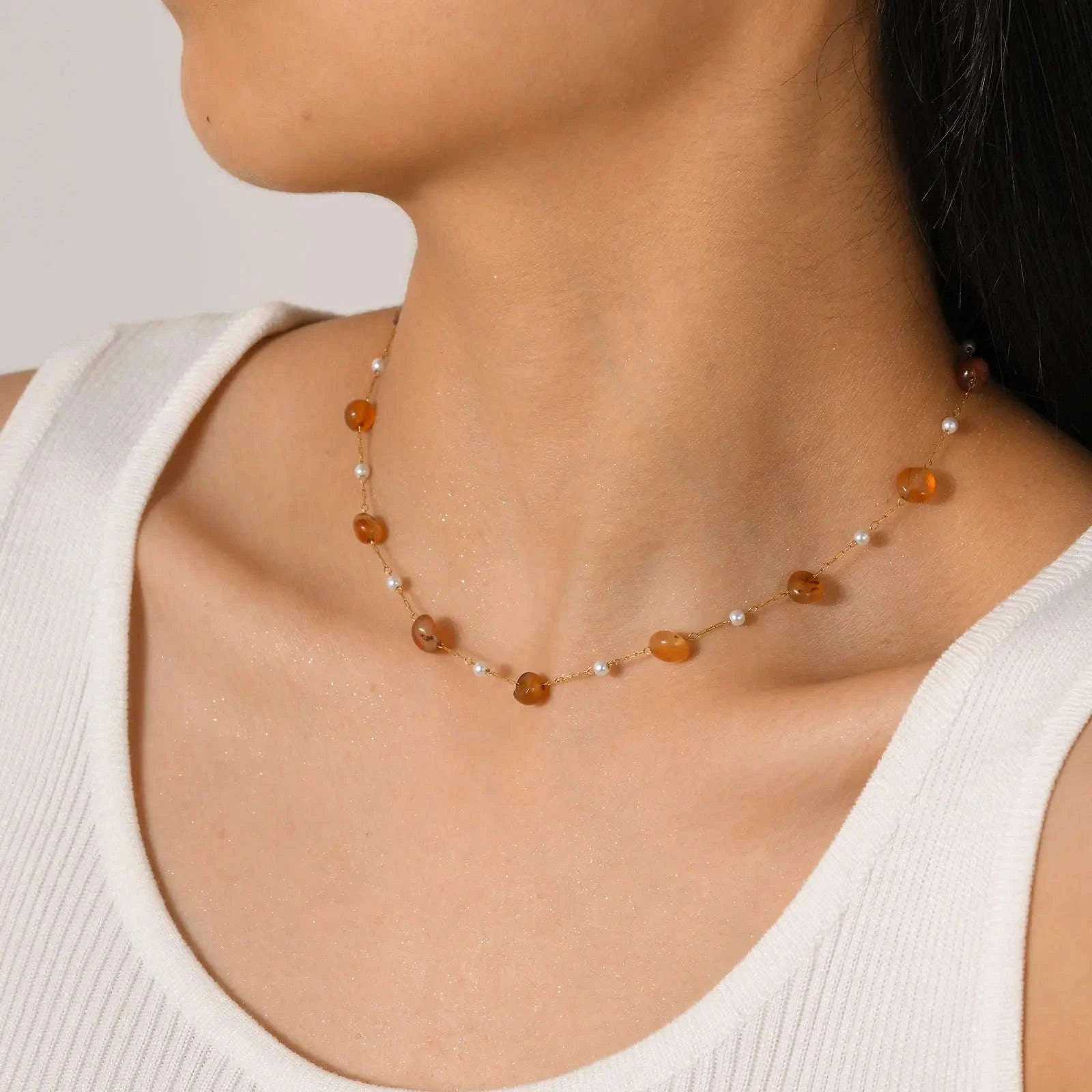 Boho Natural Stone Pearl Necklace for Women – Gold Chain Beach Style-NC-1907G01 / 40-45cm