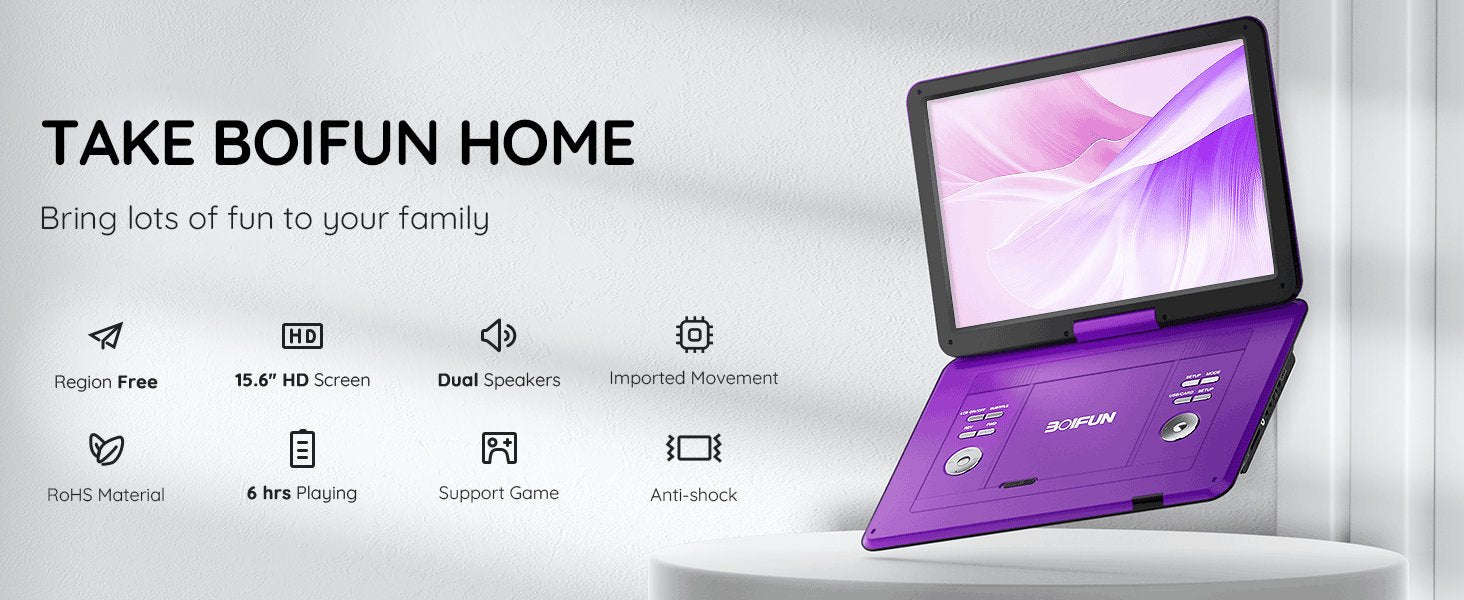 BOIFUN Portable DVD Player with 15.6" Swivel Screen-Purple / United States