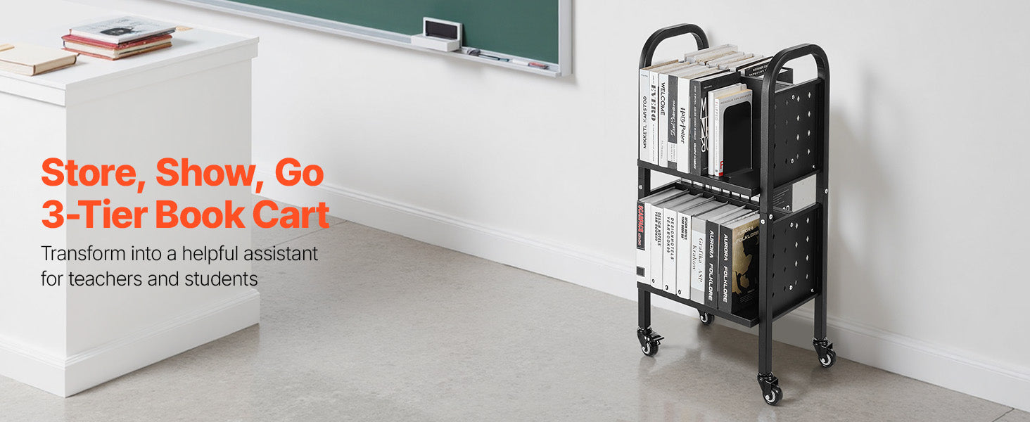 2-Tier Rolling Book Cart with Lockable Wheels, 150 lb Capacity