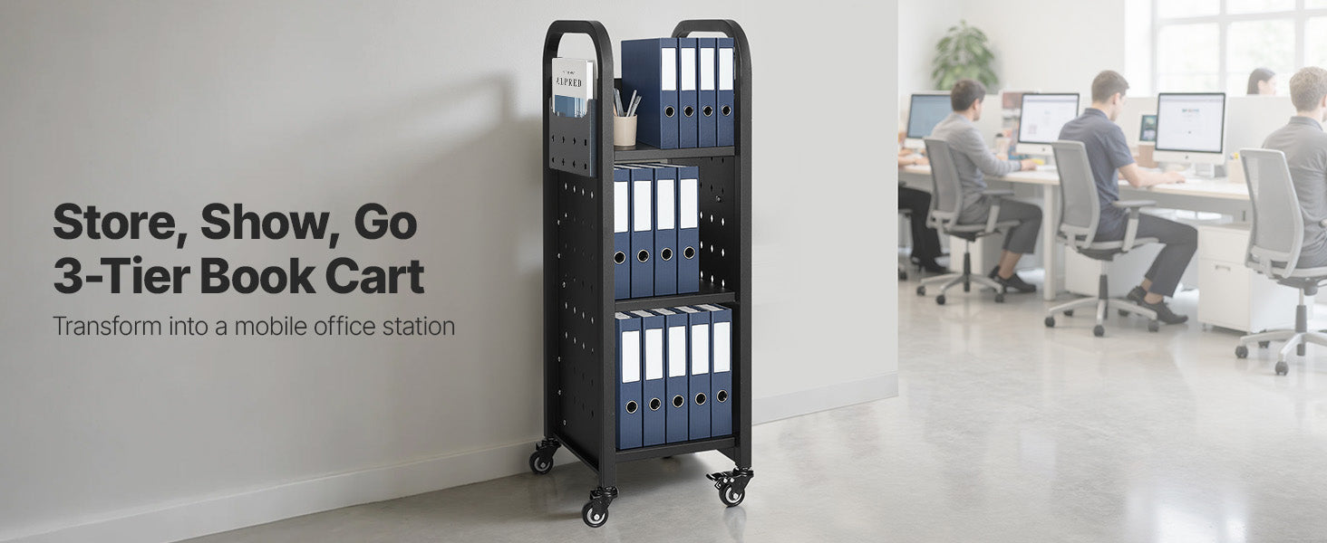 3-Tier Rolling Book Cart with Lockable Wheels, 220 lb Capacity