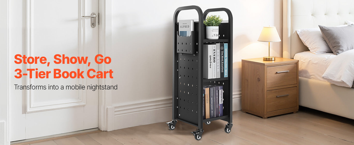 3-Tier Rolling Book Cart with Lockable Wheels, 220 lb Capacity