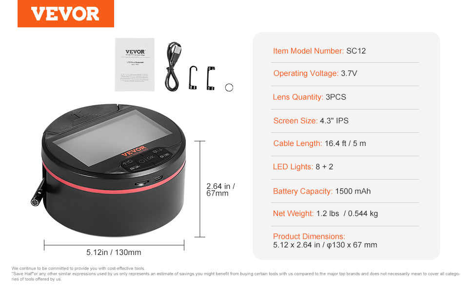 Triple Lens Borescope Camera with 4.3" IPS Screen