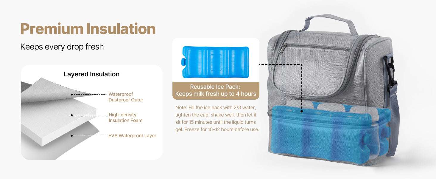 Breast Pump Bag with Ice Pack Storage for Travel and Daily Use-Grey / United States