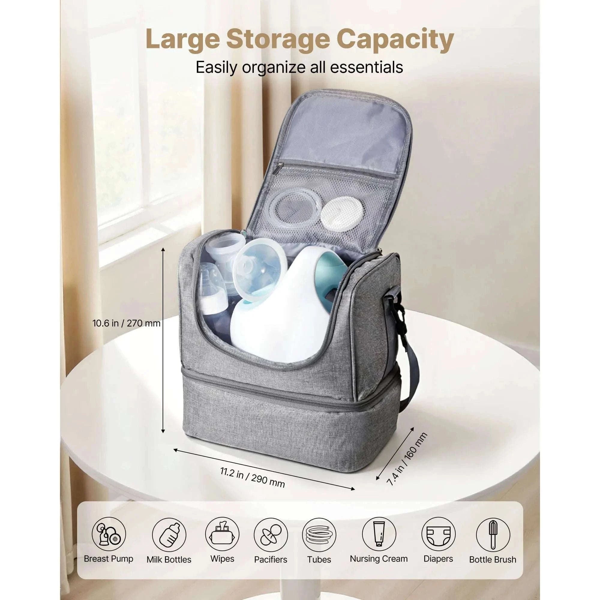 Breast Pump Bag with Ice Pack Storage for Travel and Daily Use-Grey / United States