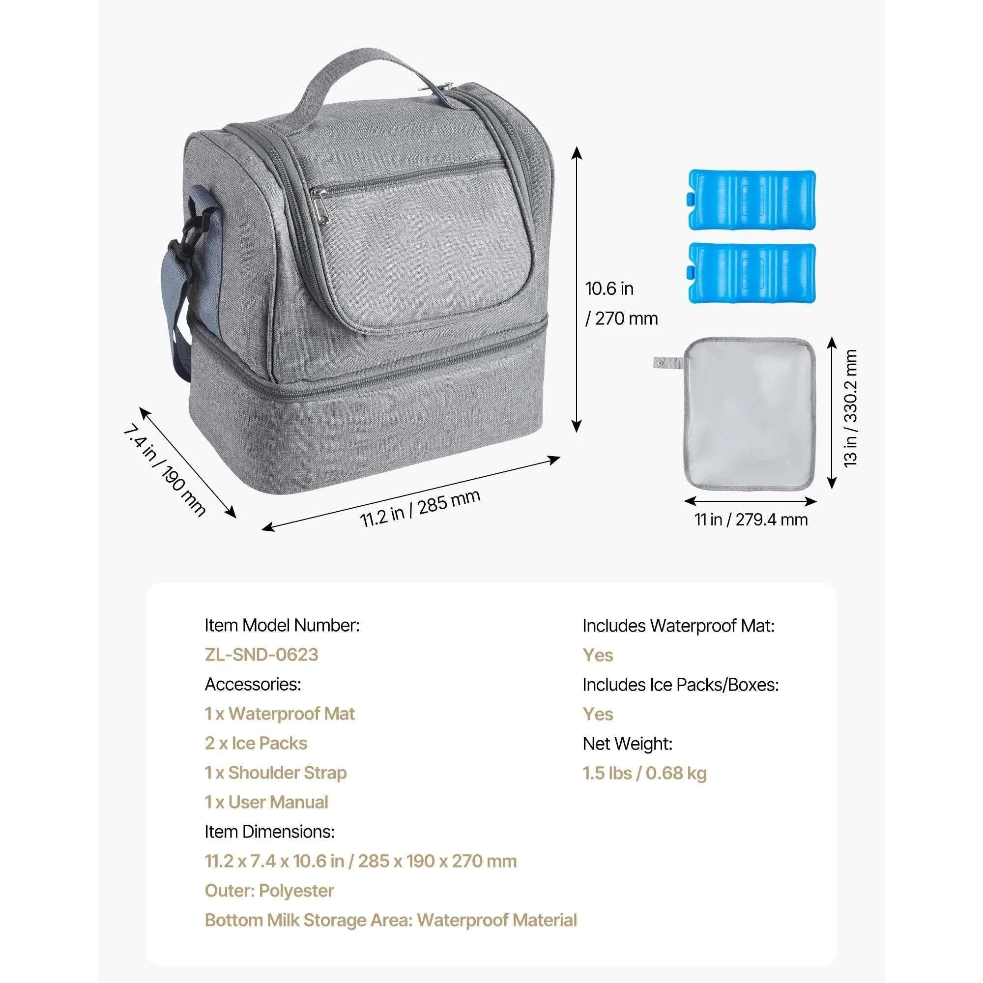 Breast Pump Bag with Ice Pack Storage for Travel and Daily Use-Grey / United States
