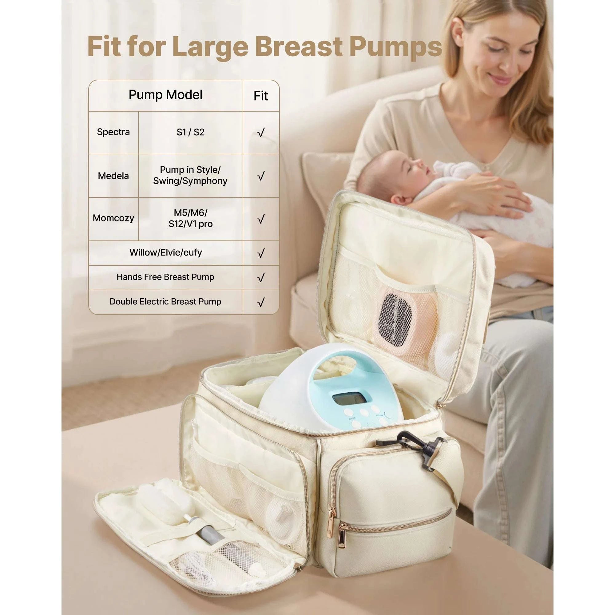 Breast Pump Bag with Insulated Storage & Waterproof Mat for Travel-Beige / United States