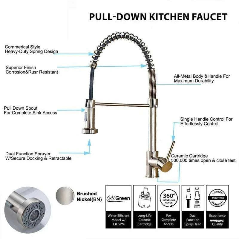 Brushed Nickel Pull Down Kitchen Faucet with Spring Design-Golden / China Mainland