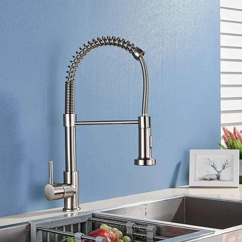Brushed Nickel Pull Down Kitchen Faucet with Spring Design-Golden / China Mainland