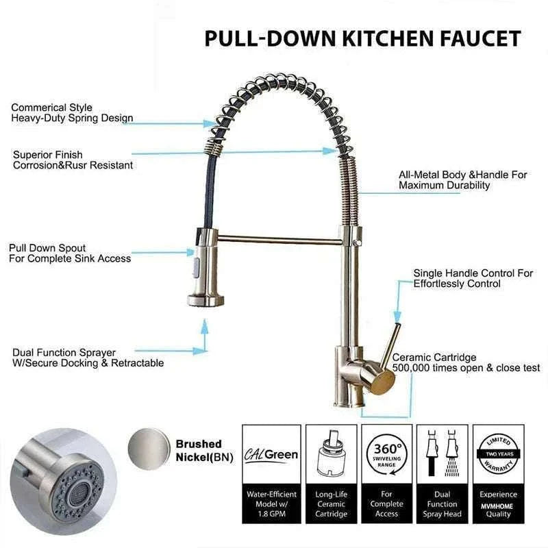 Brushed Nickel Pull Down Kitchen Faucet with Spring Design-Golden / China Mainland