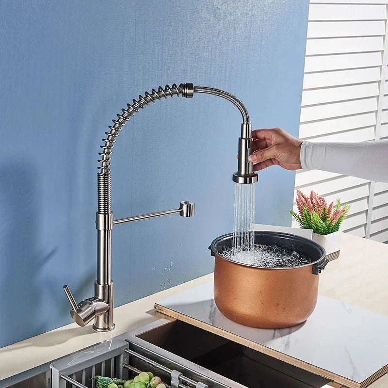 Brushed Nickel Pull Down Kitchen Faucet with Spring Design-Golden / United States