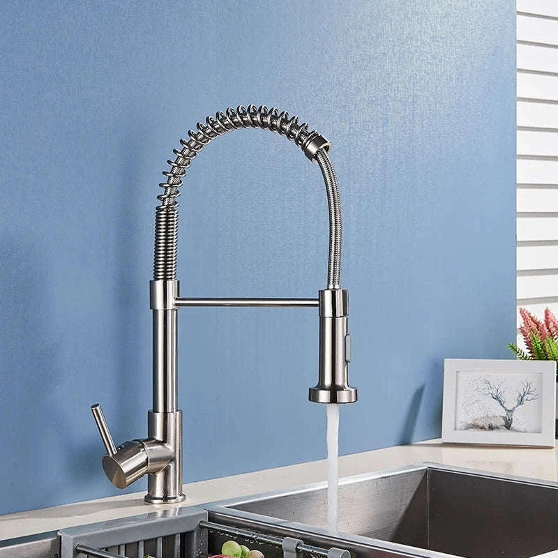 Brushed Nickel Pull Down Kitchen Faucet with Spring Design-Golden / United States