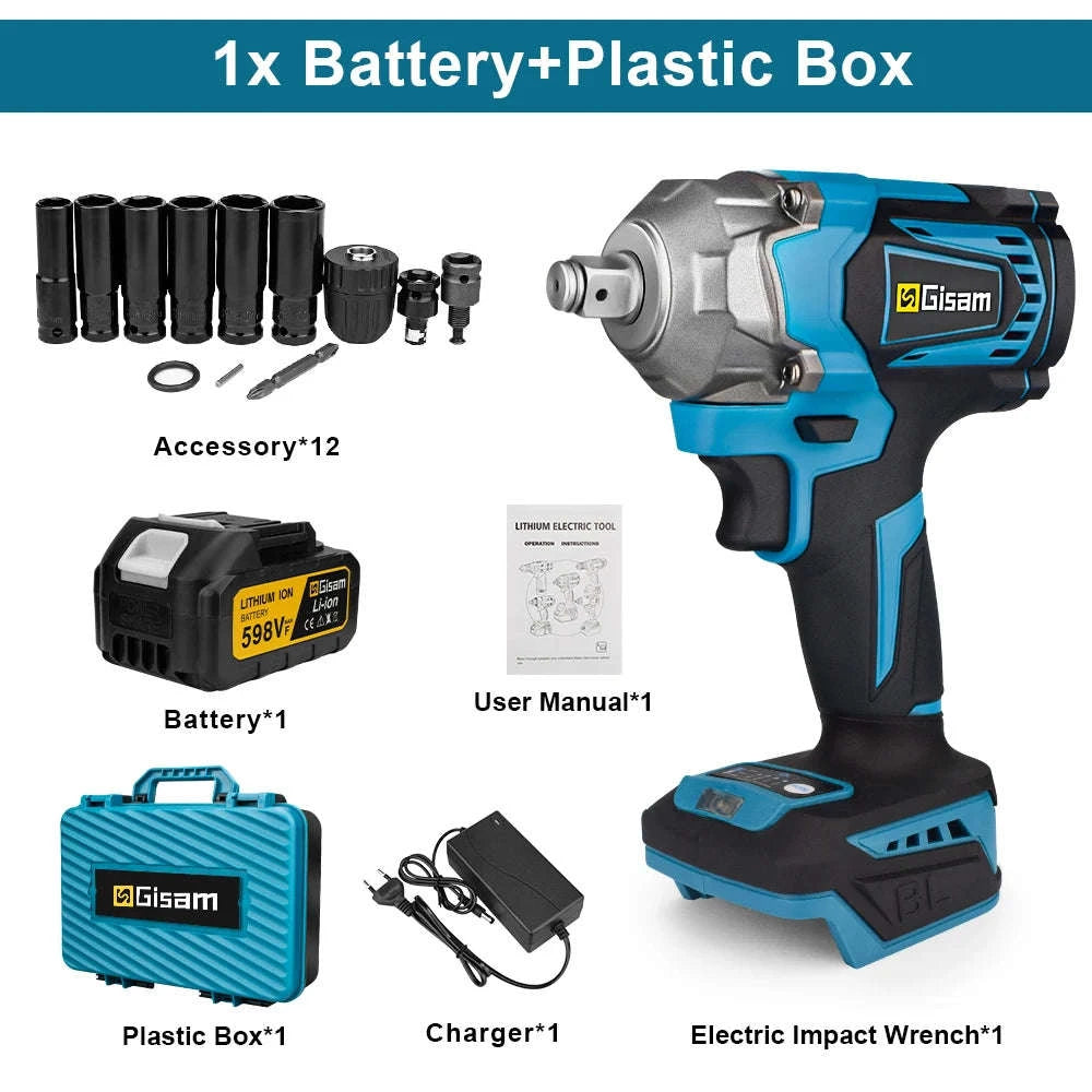Brushless Electric Impact Wrench Compatible with Makita 18V Batteries-1 Battery PlasticBox / GERMANY