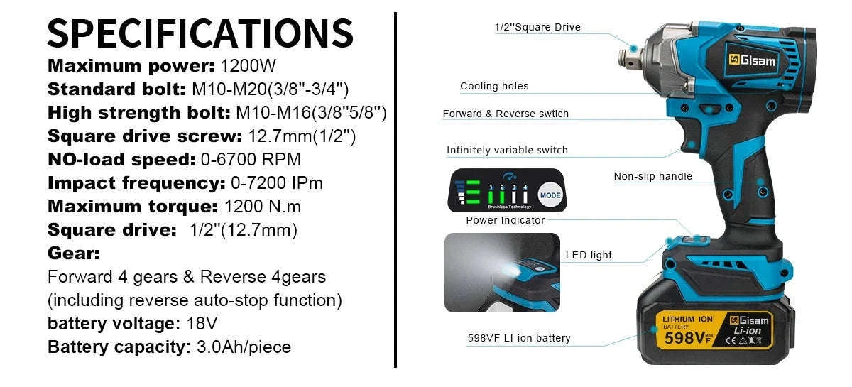 Brushless Electric Impact Wrench for Makita 18V Batteries-1 Battery PlasticBox / spain