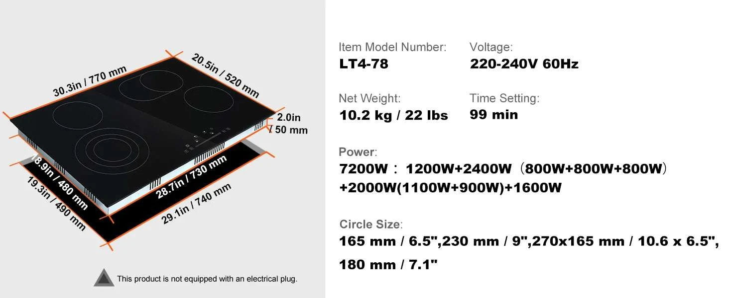 Built-In Electric Cooktop Ceramic Glass 2–5 Burner Stove-30inch 7200W / United States