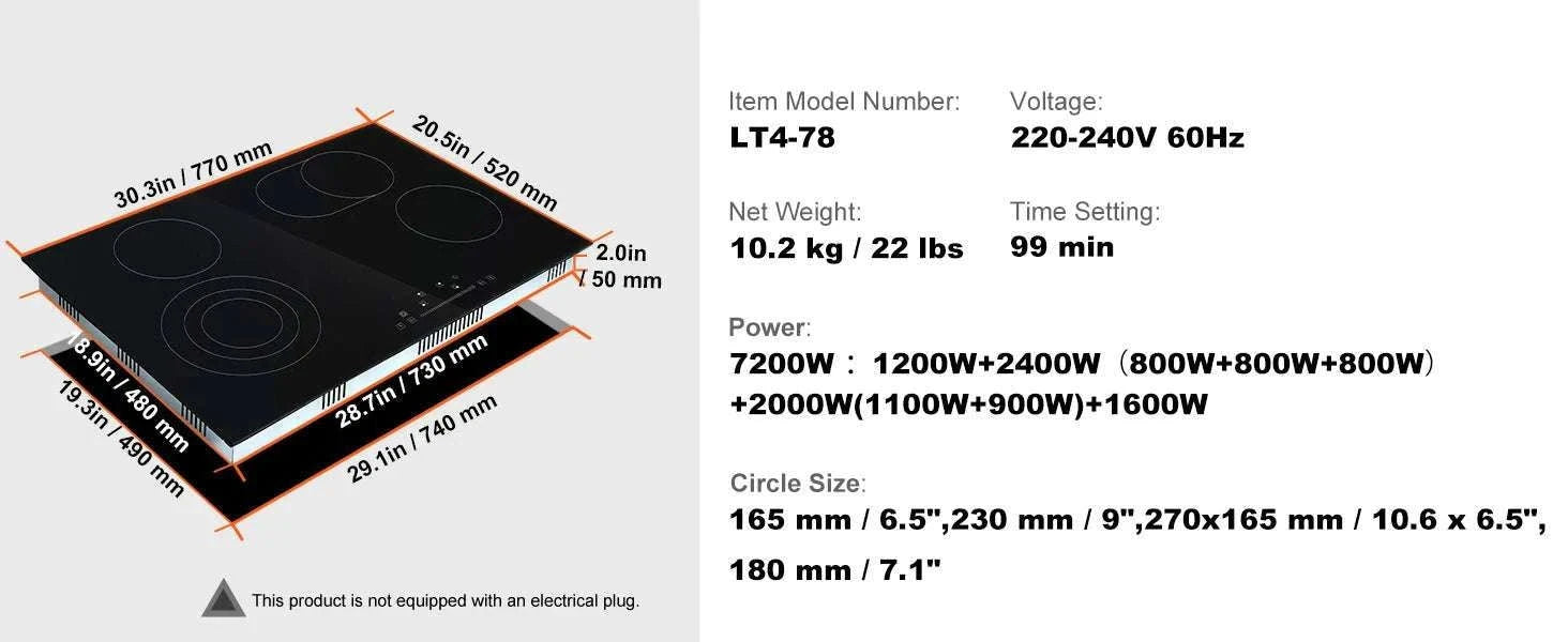 Built-In Electric Cooktop with 2–5 Burners Ceramic Glass Stove-12inch 1800W / United States