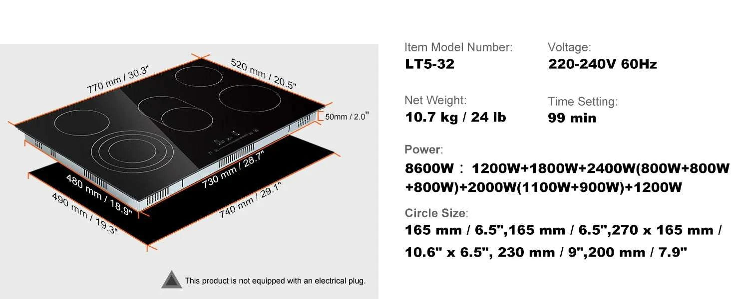 Built-In Electric Cooktop with 2–5 Burners Ceramic Glass Stove-12inch 1800W / United States