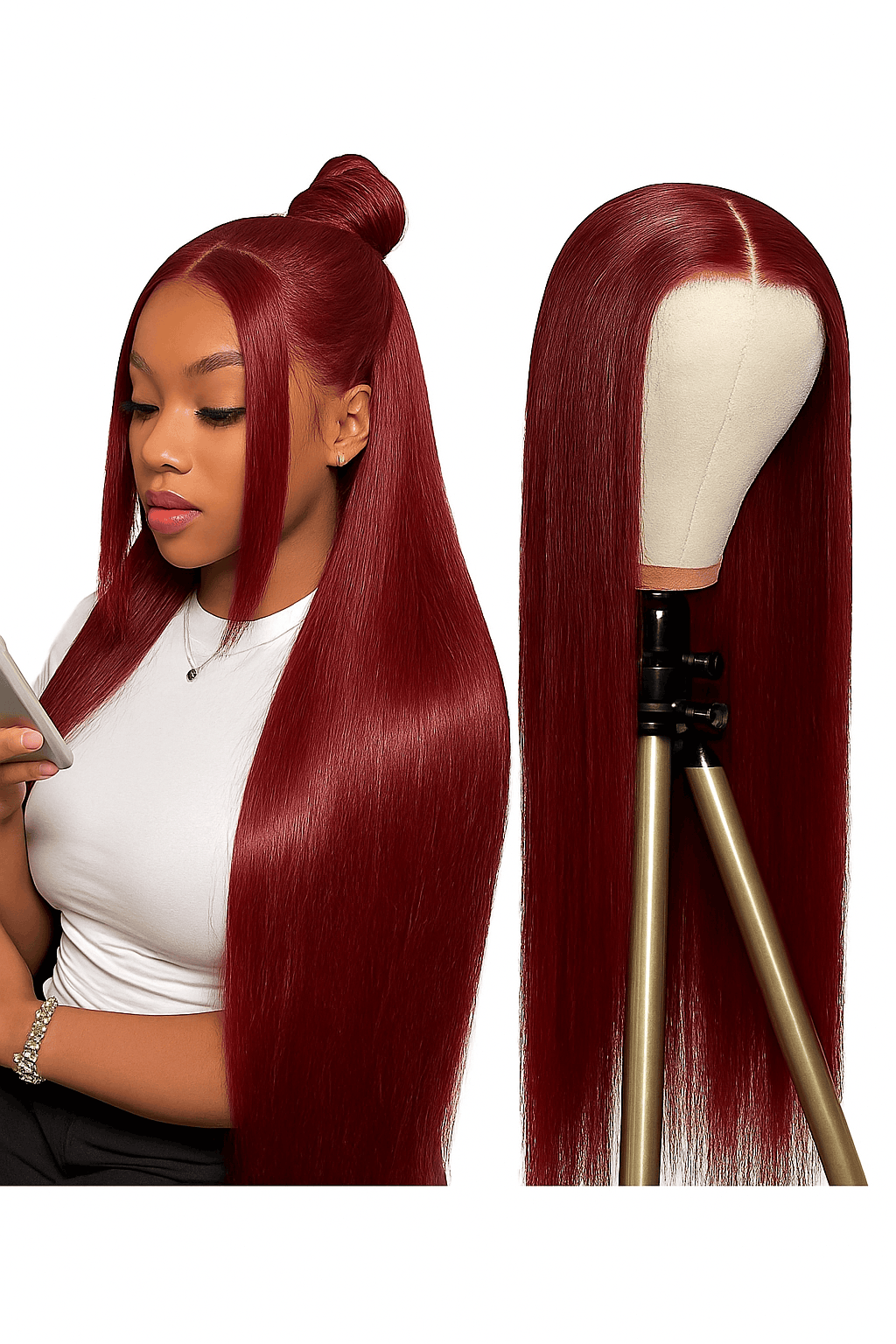 Burgundy HD Lace Front Human Hair Wig, Straight 99J-13x4 Lace wig / 36inches / 180%|3 working days|france