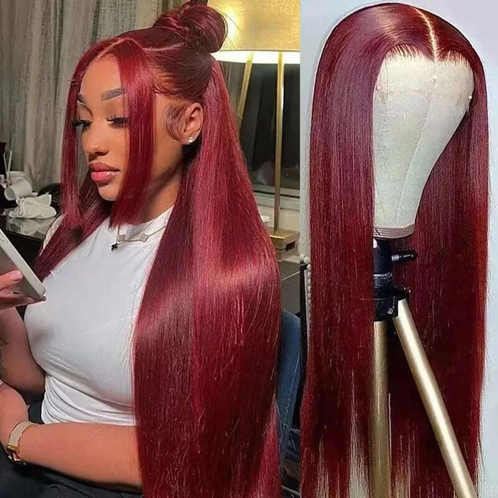Burgundy HD Lace Front Human Hair Wig – Straight 99J Color-13x4 Lace wig / 36inches / 180%|3 working days|france