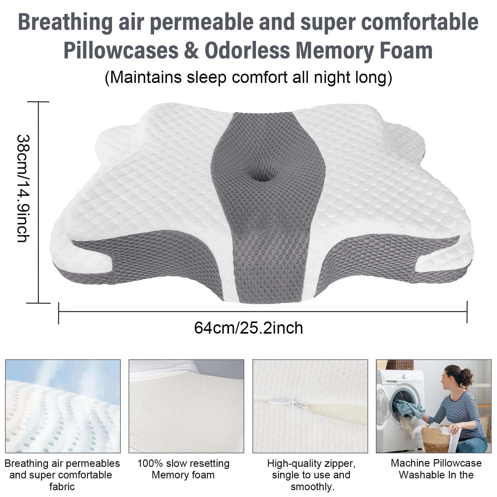 Butterfly Memory Foam Neck Pillow for Side & Back Sleepers-Light Grey / 64*38*14cm / france