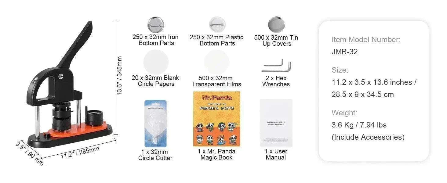 Button Maker Machine Kit with 25/32/58mm Molds & Accessories-JMB-32 500 Buttons / United States