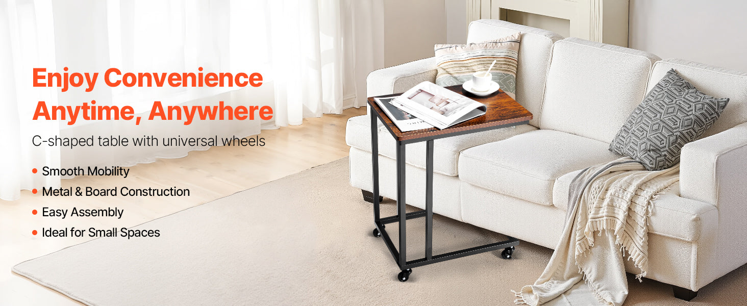 SucceBuy C Table C Shaped Sofa Side Table with Metal Frame Rolling Casters Portable C Shaped End Stand for Living Room Office