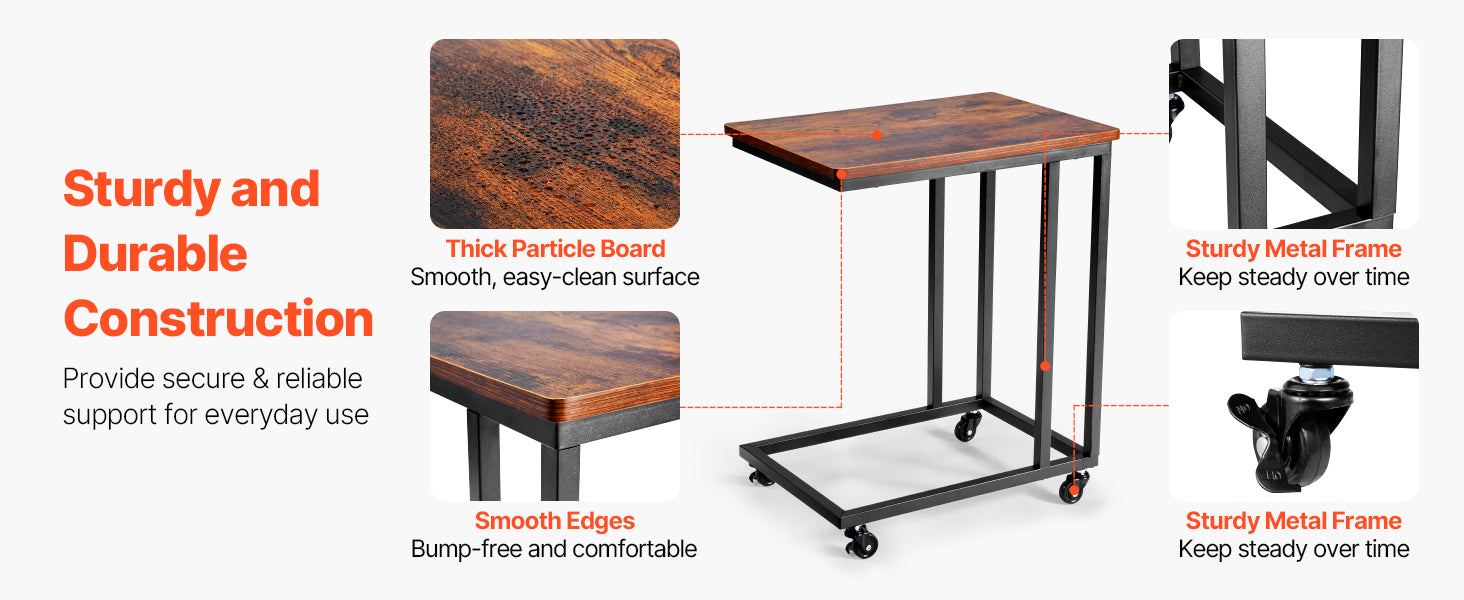 SucceBuy C Table C Shaped Sofa Side Table with Metal Frame Rolling Casters Portable C Shaped End Stand for Living Room Office