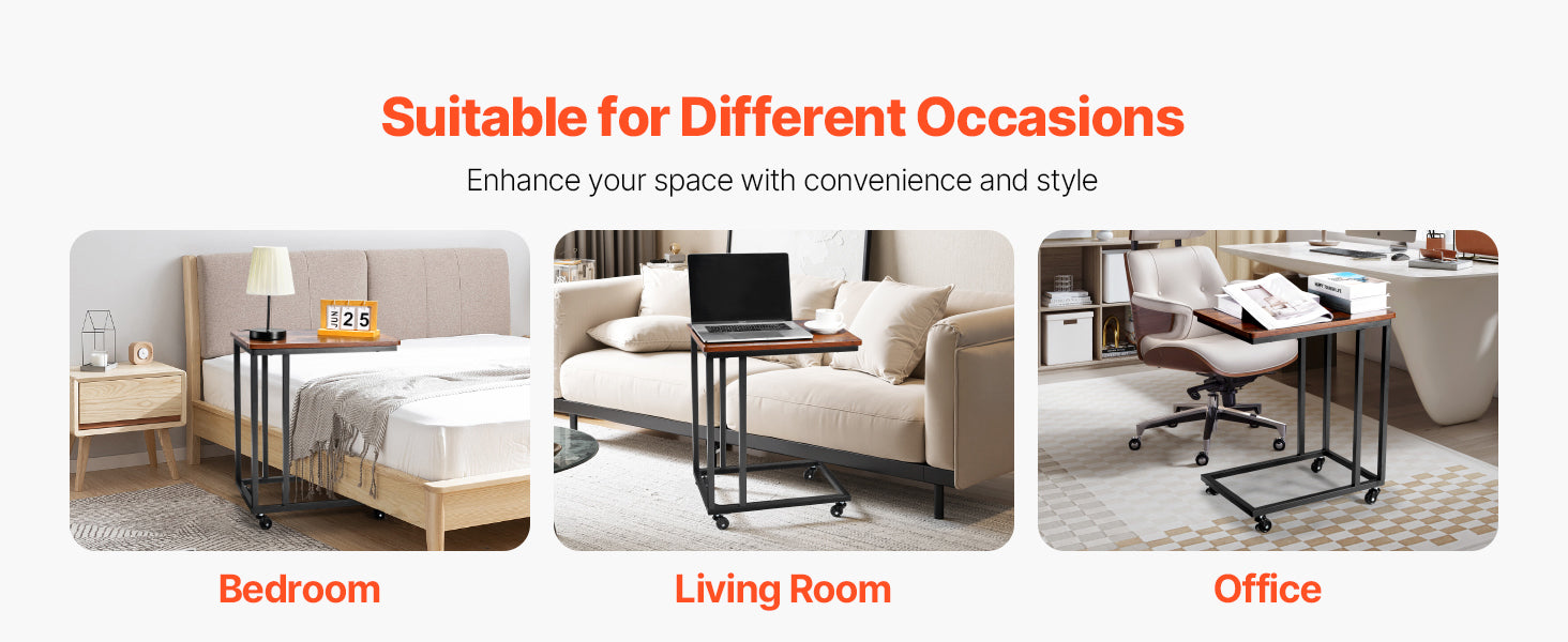 SucceBuy C Table C Shaped Sofa Side Table with Metal Frame Rolling Casters Portable C Shaped End Stand for Living Room Office