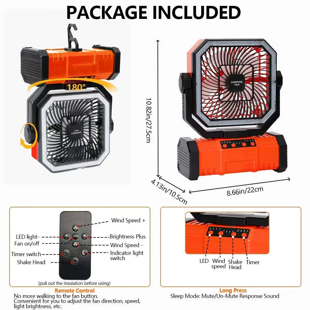 Camping Ceiling Fan with Light and Remote Control-Orange(Bluetooth) / United States