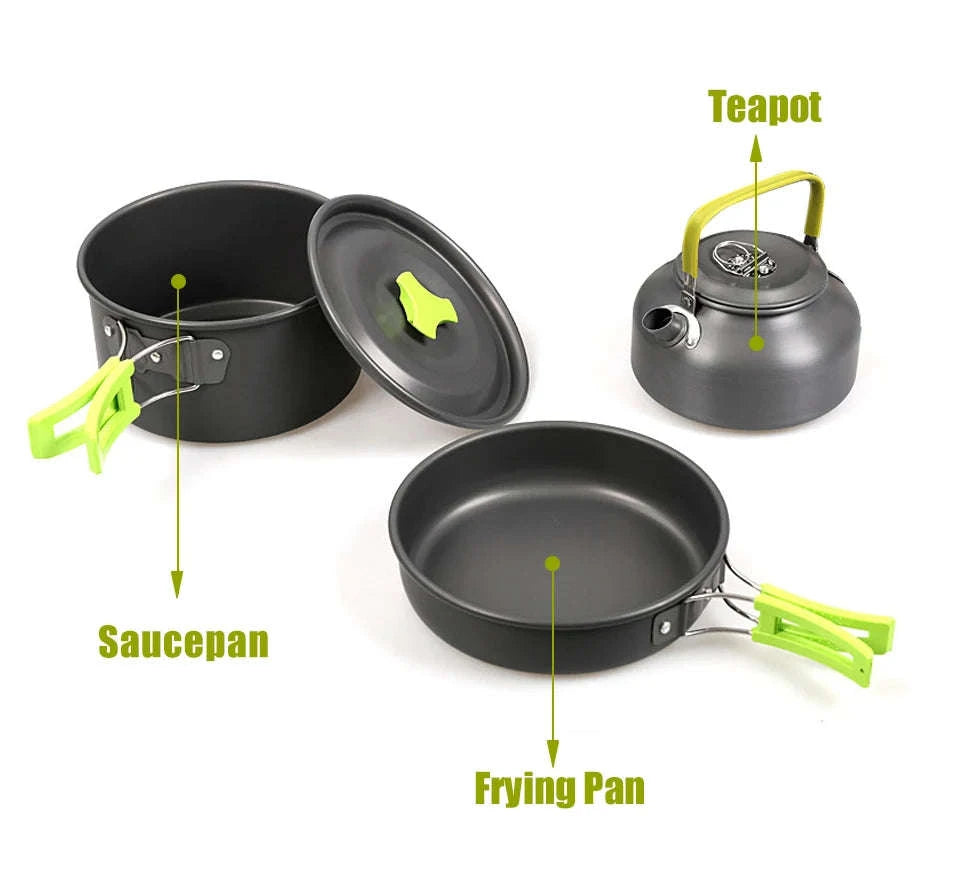 Camping Cookware Kit for 2-3 People with Pot, Pan and Teapot-Black