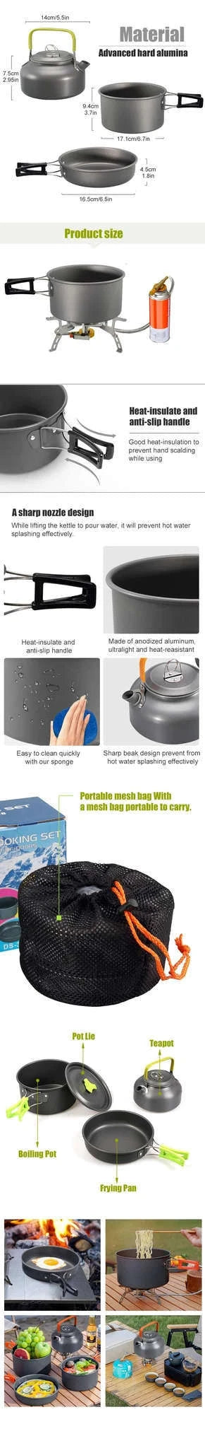 Camping Cookware Kit for 2-3 People with Pot, Pan and Teapot-Black