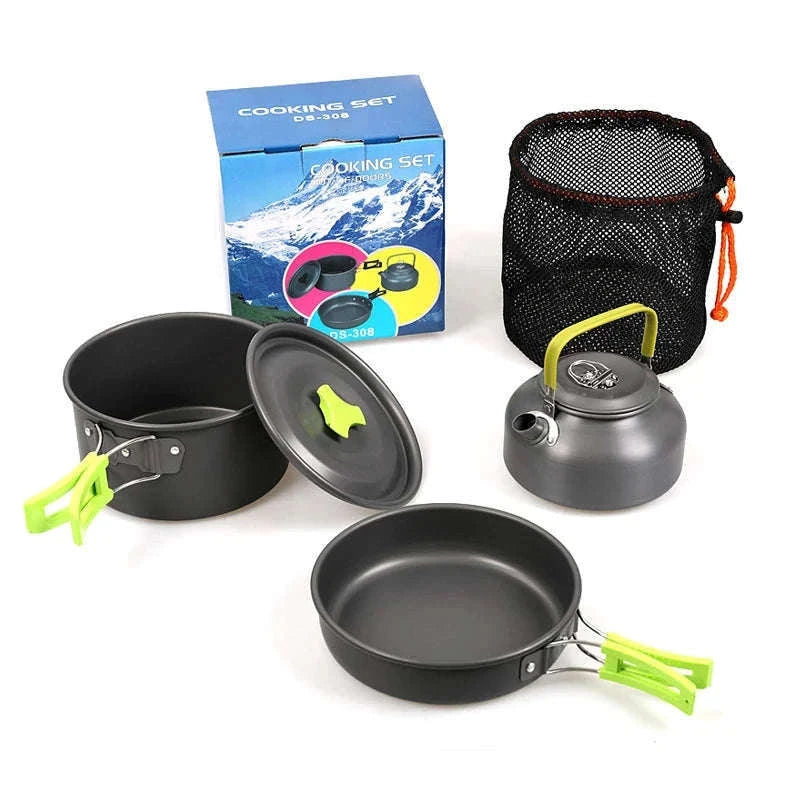 Camping Cookware Kit for 2-3 People with Pot, Pan and Teapot-Black
