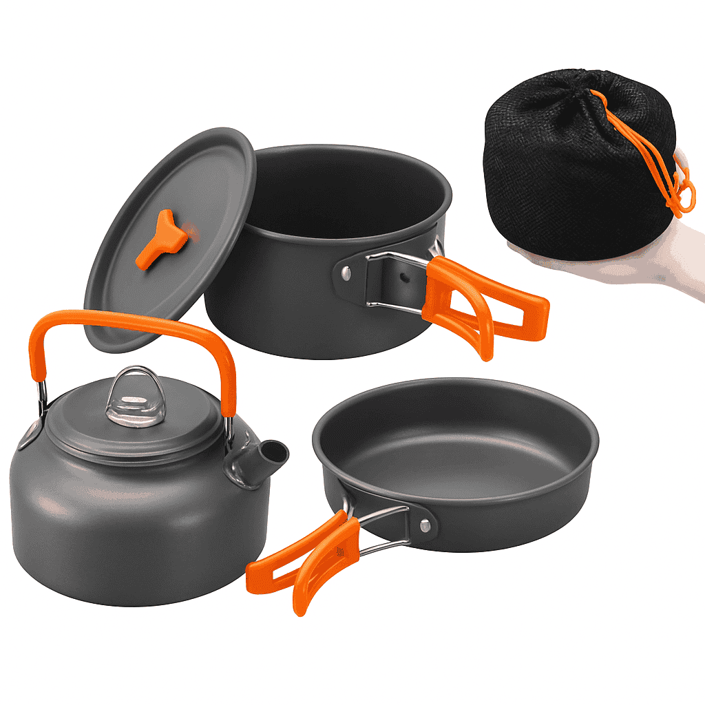 Camping Cookware Kit for 2-3 People with Pot, Pan and Teapot-Black