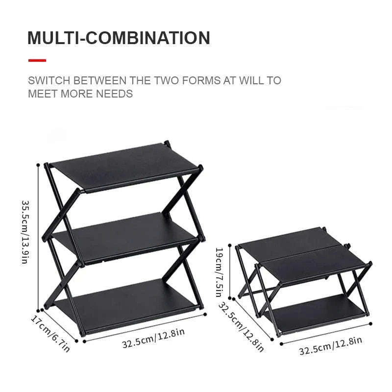Camping Foldable Three-Tier Storage Shelf Rack for Outdoor Use-Black