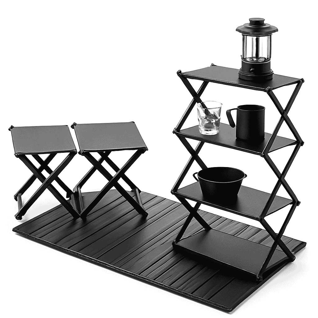 Camping Foldable Three-Tier Storage Shelf Rack for Outdoor Use-Black