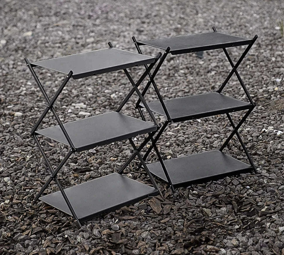 Camping Foldable Three-Tier Storage Shelf Rack for Outdoor Use-Black