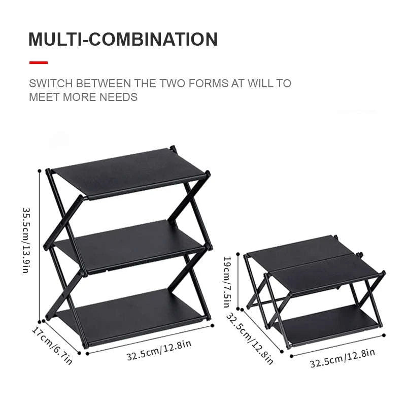 Camping Foldable Three-Tier Storage Shelf Rack for Outdoor Use-Black