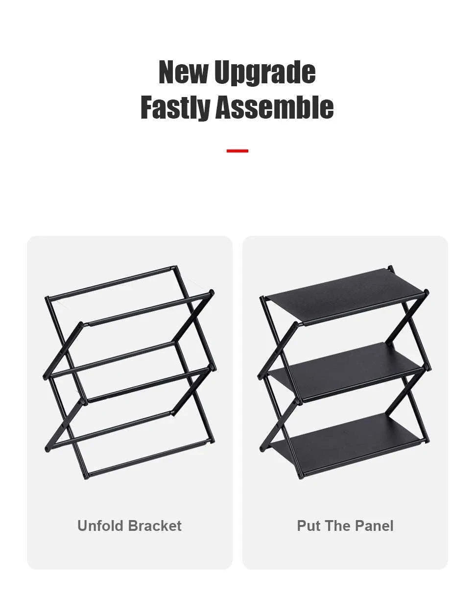 Camping Foldable Three-Tier Storage Shelf Rack for Outdoor Use-Black