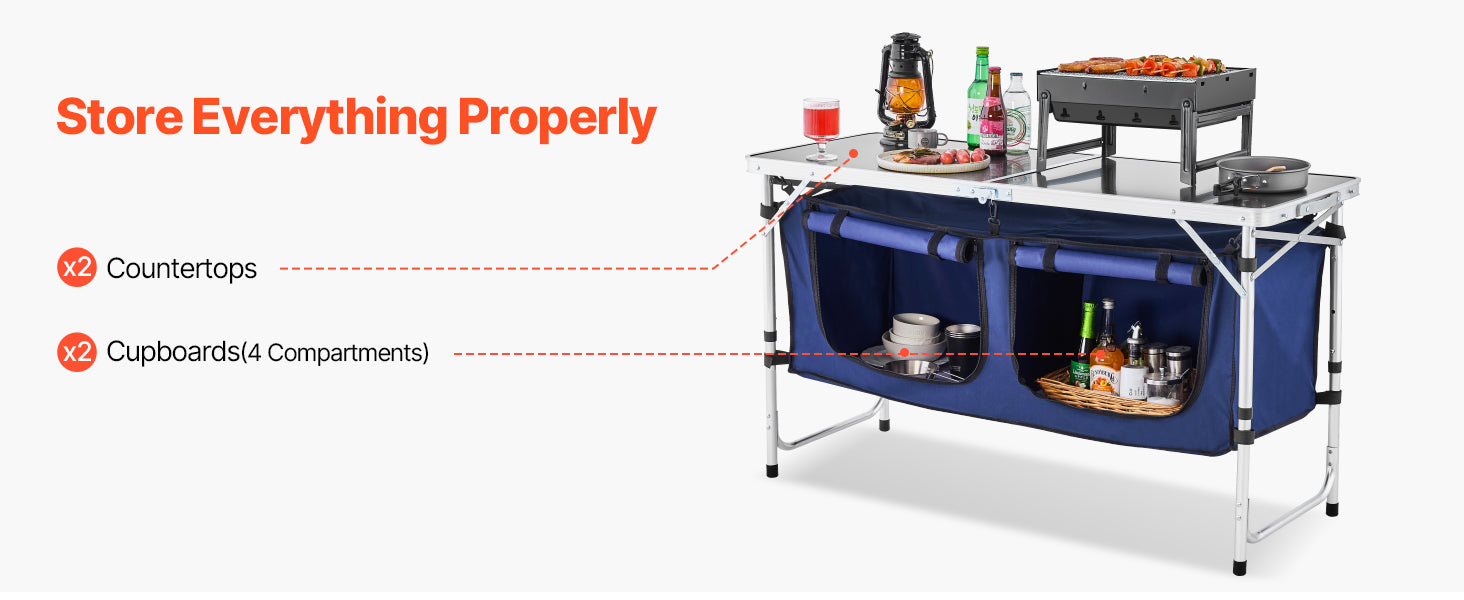 Folding Camping Kitchen Table with Storage & Adjustable Height