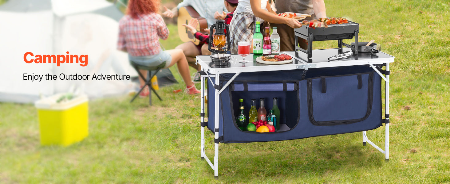 Folding Camping Kitchen Table with Storage & Adjustable Height