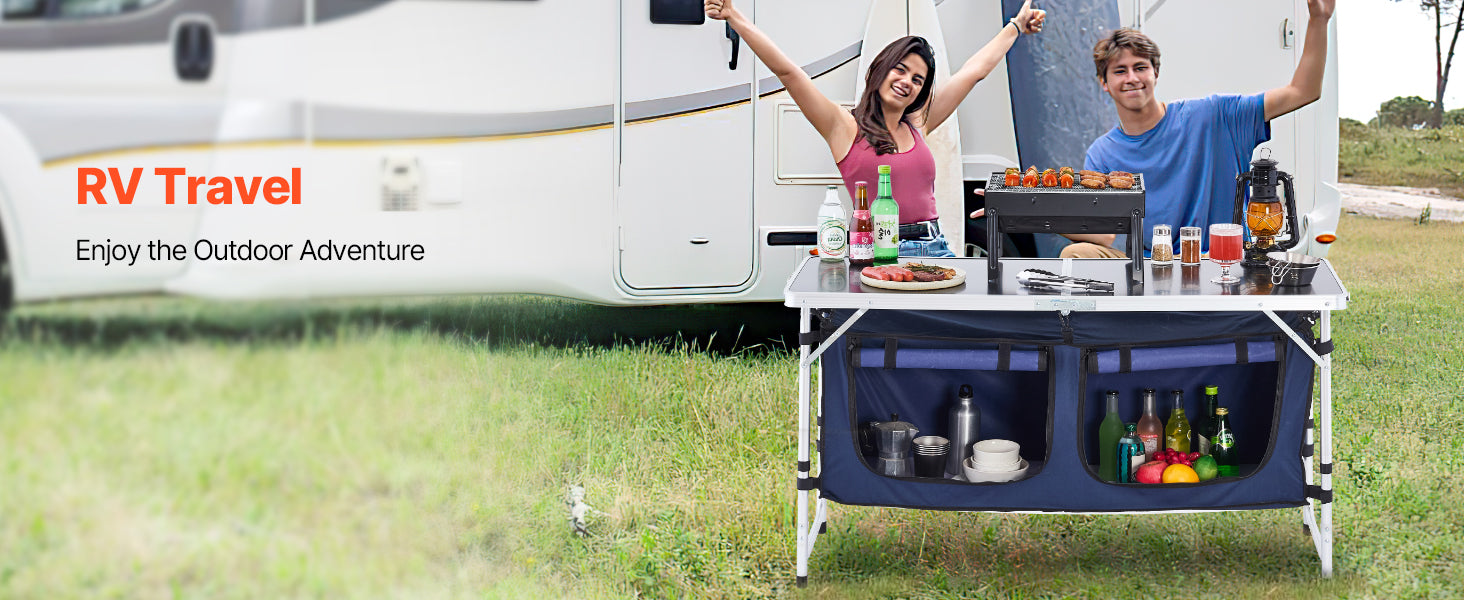 Folding Camping Kitchen Table with Storage & Adjustable Height