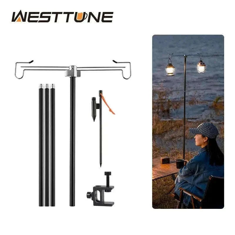 Camping Lantern Stand with Double Hooks, Foldable Aluminum Pole-Black 4-Section