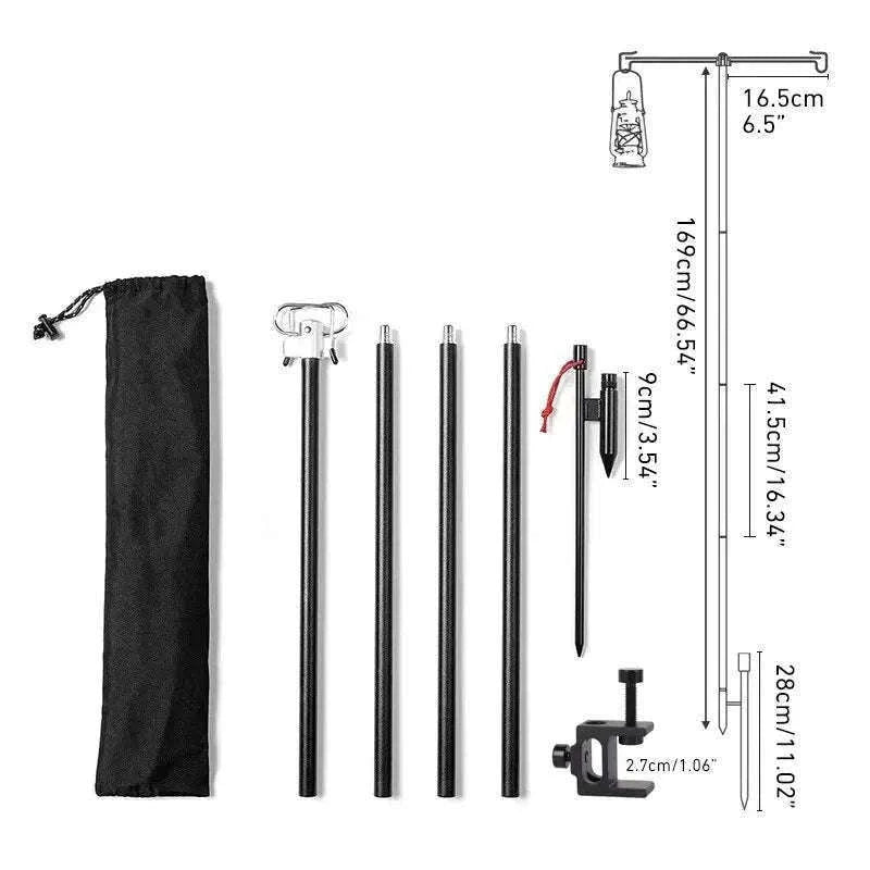 Camping Lantern Stand with Double Hooks, Foldable Aluminum Pole-Black 4-Section