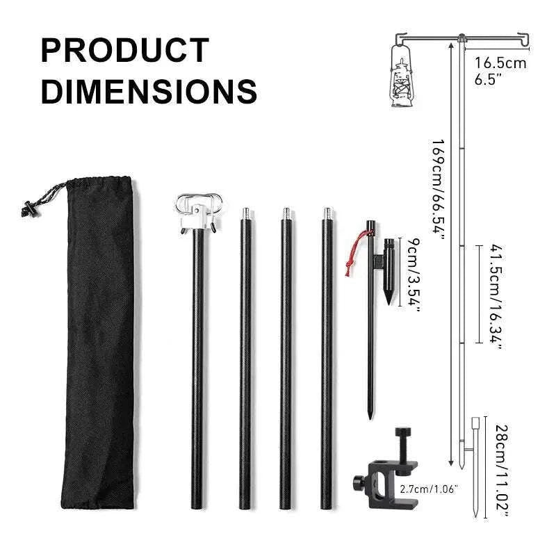 Camping Lantern Stand with Double Hooks, Foldable Aluminum Pole-Black 4-Section