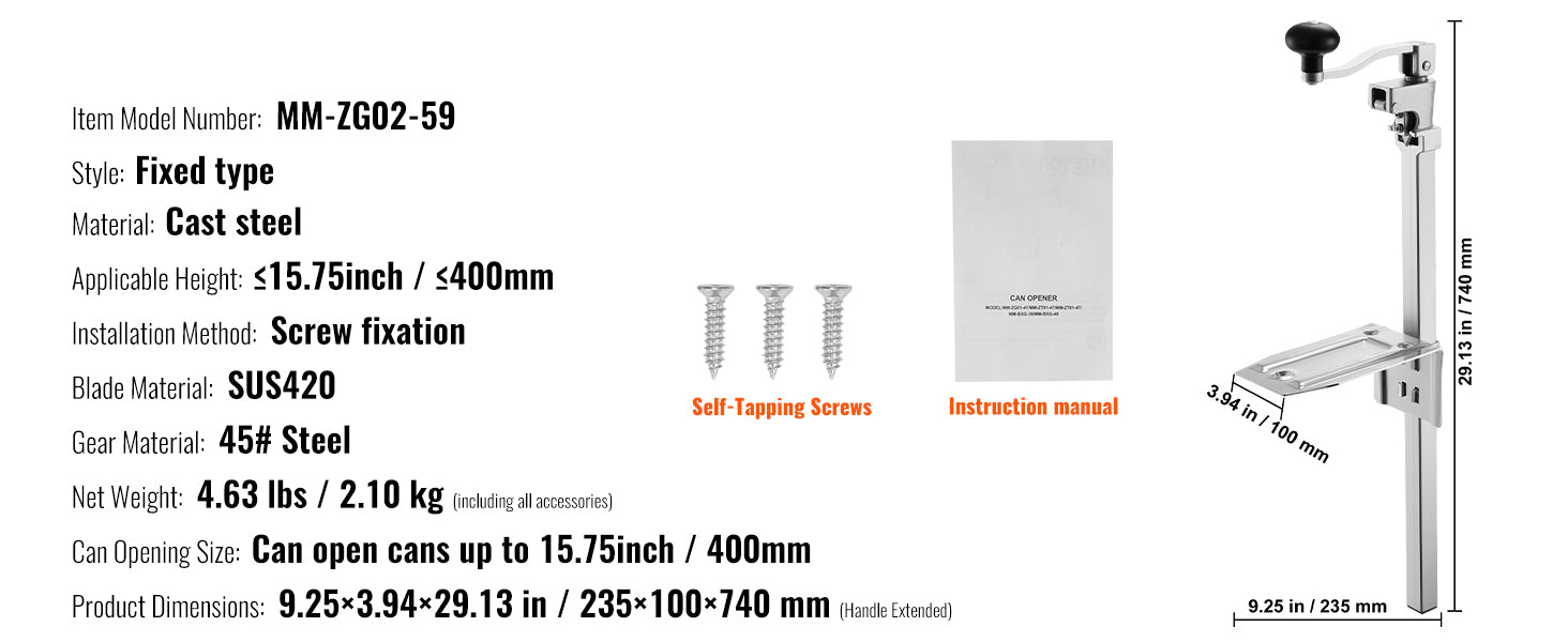 Commercial Manual Can Opener Tabletop Adjustable 11.8–15.75 Inch