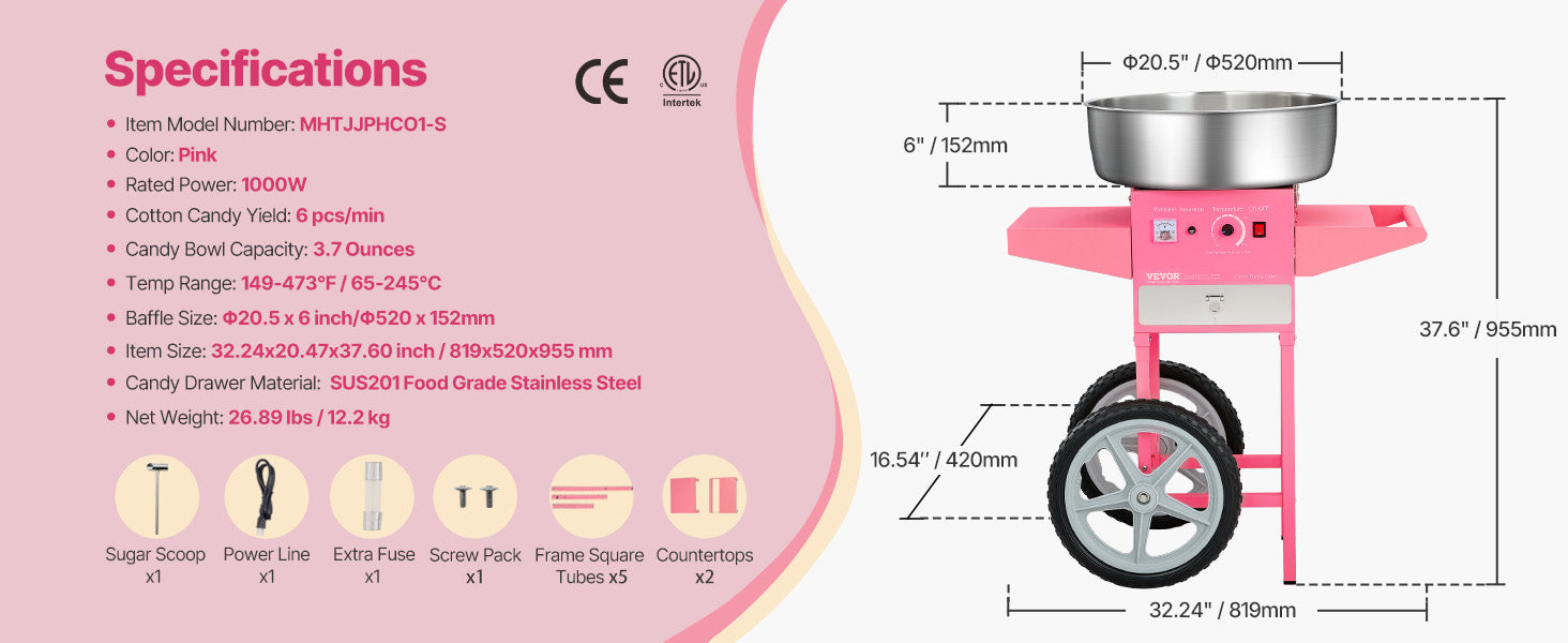 Electric Cotton Candy Machine with Cart and Stainless Steel Bowl