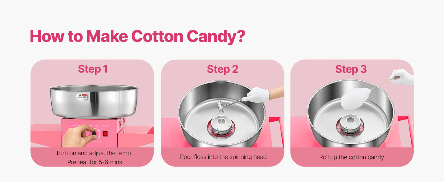 Electric Cotton Candy Machine with Cart and Stainless Steel Bowl