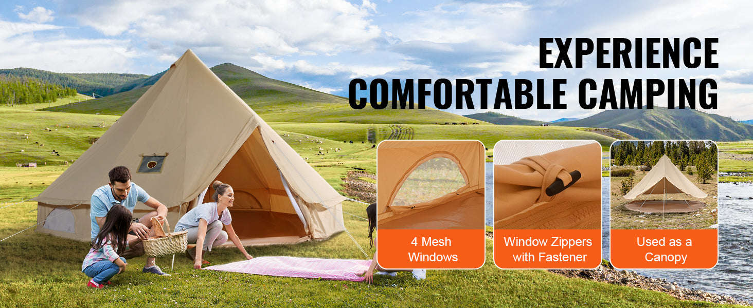 Canvas Bell Tent 4 m with Stove Jack, Breathable, 6-Person-4m / france