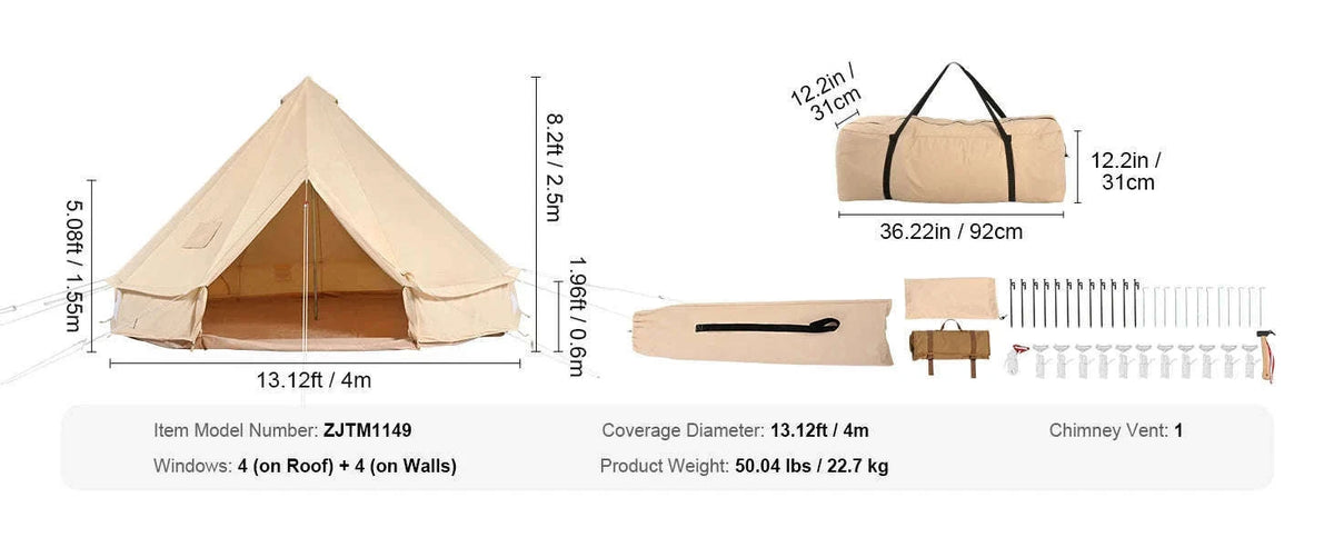 Canvas Bell Tent 4 m with Stove Jack, Breathable, 6-Person-4m / france
