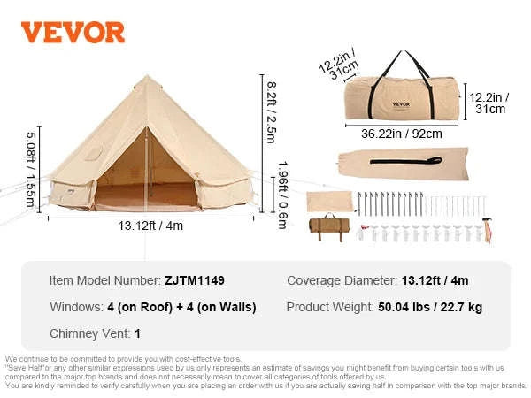 Canvas Bell Tent 4 m with Stove Jack, Breathable, 6-Person-4m / france